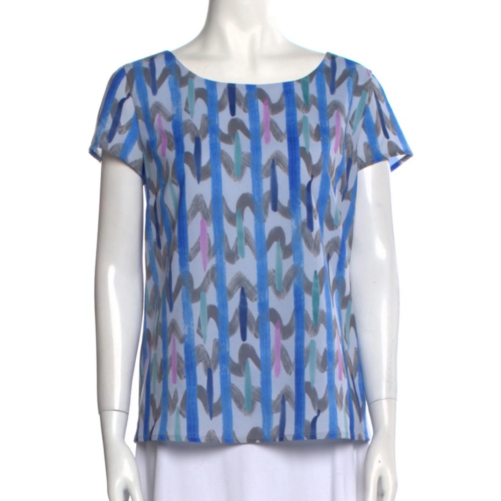 Emporio Armani pale blue modern graphic stripe short sleeve top Sz 40